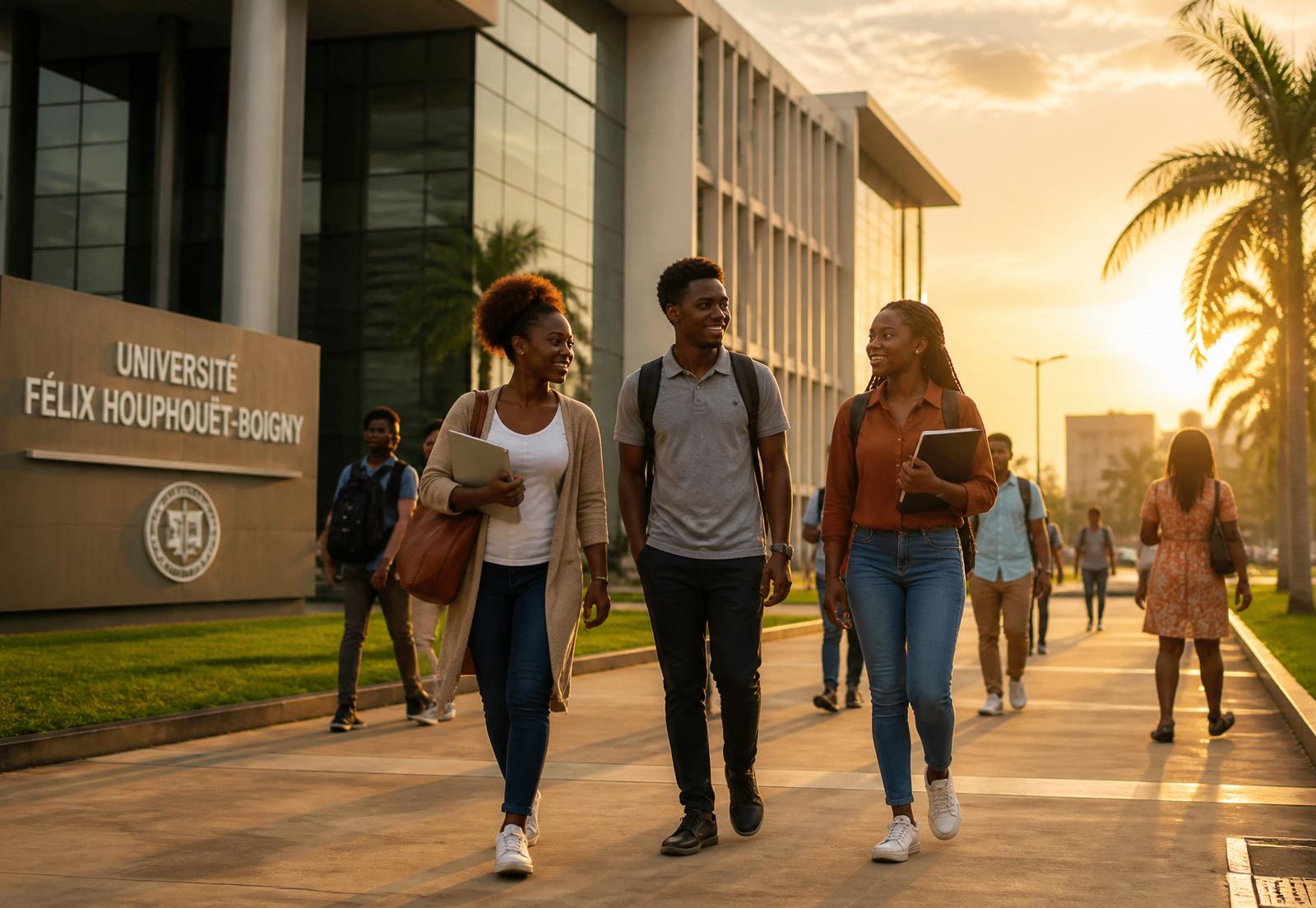 Students walking on a modern African university campus at golden hour